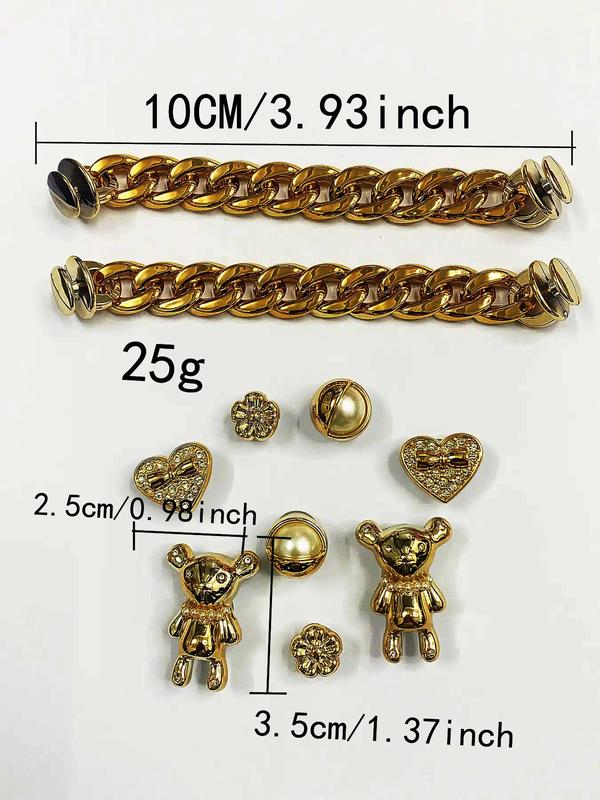 Women's Cute Rhinestone & Faux Pearl Decor Heart & Flower & Bear Design Clogs Charms, 10pcs set Trendy Novelty Chain Design Clogs Ornaments, Chic All-match Accessories for DIY Clogs Decor