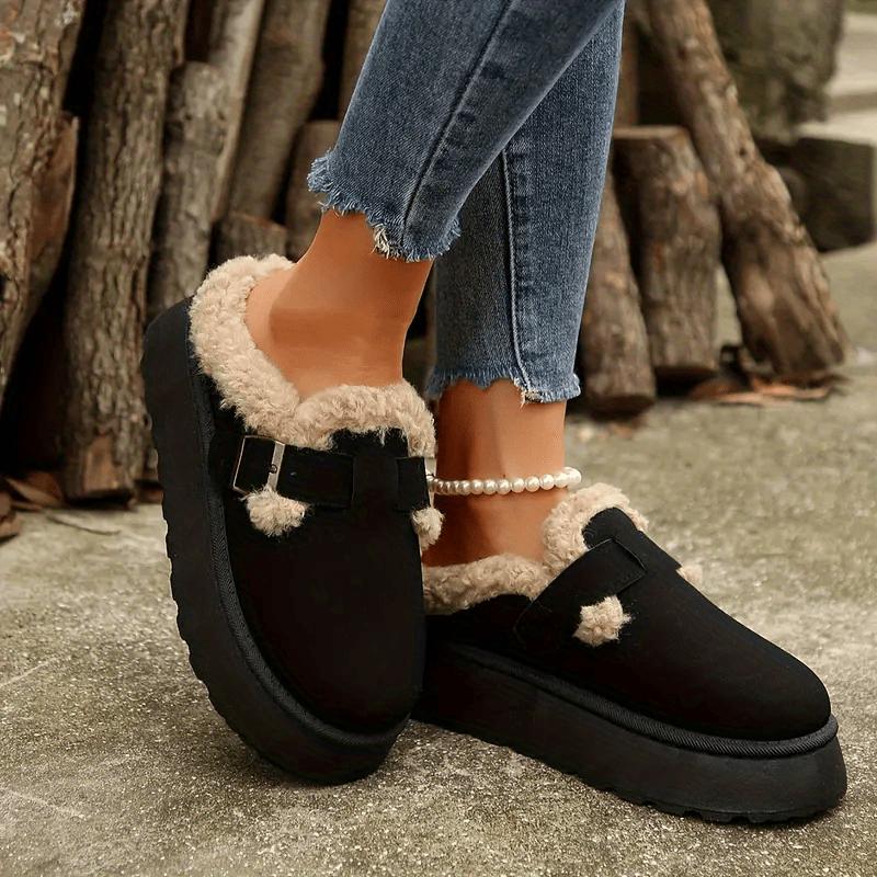 Women's Cozy Plush-Lined Ankle Boots with Buckle Strap - Comfortable Slip-On Non-Slip Rubber Sole Round Toe Mid-Heel Solid Color Fashionable Winter Footwear