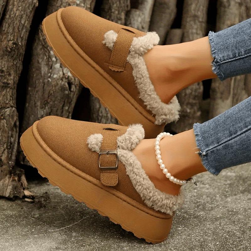 Women's Cozy Plush-Lined Ankle Boots with Buckle Strap - Comfortable Slip-On Non-Slip Rubber Sole Round Toe Mid-Heel Solid Color Fashionable Winter Footwear