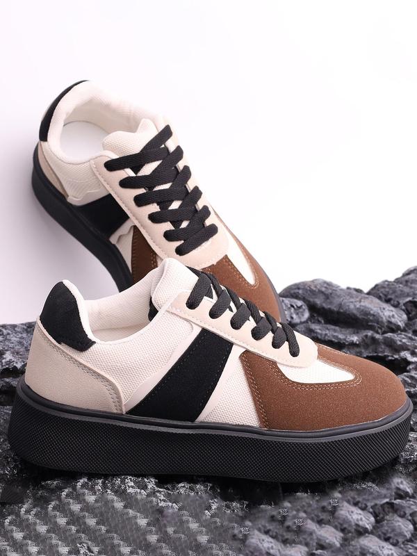  Women's Fashionable Patchwork Lace Up Sneakers, Holiday Gift, Casual Comfortable Sports Walking Shoes, Female All-match Round Toe Shoes for Daily Wear, Fall Sneakers 2024