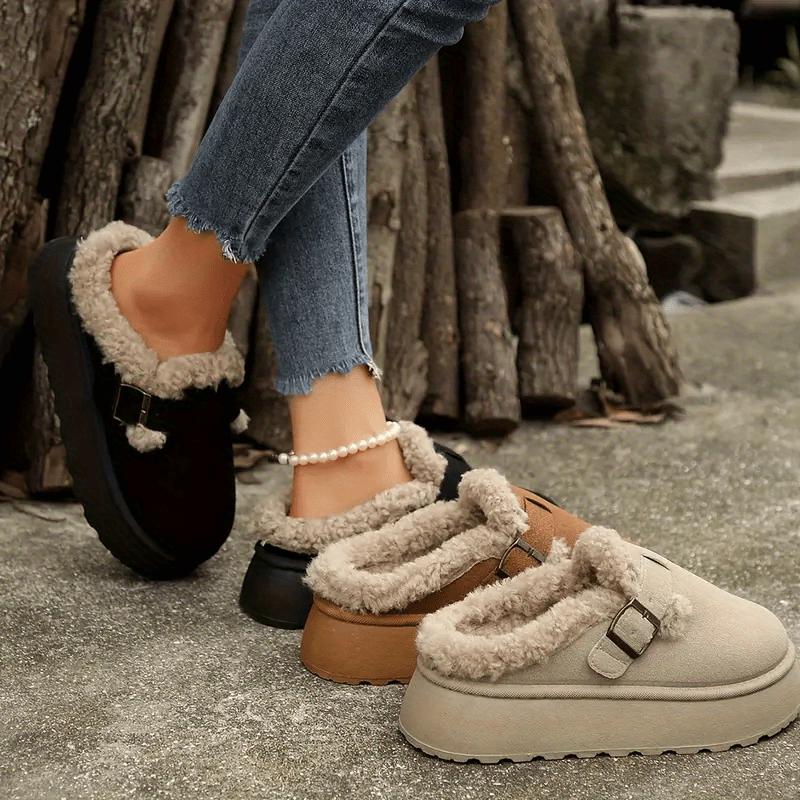 Women's Cozy Plush-Lined Ankle Boots with Buckle Strap - Comfortable Slip-On Non-Slip Rubber Sole Round Toe Mid-Heel Solid Color Fashionable Winter Footwear