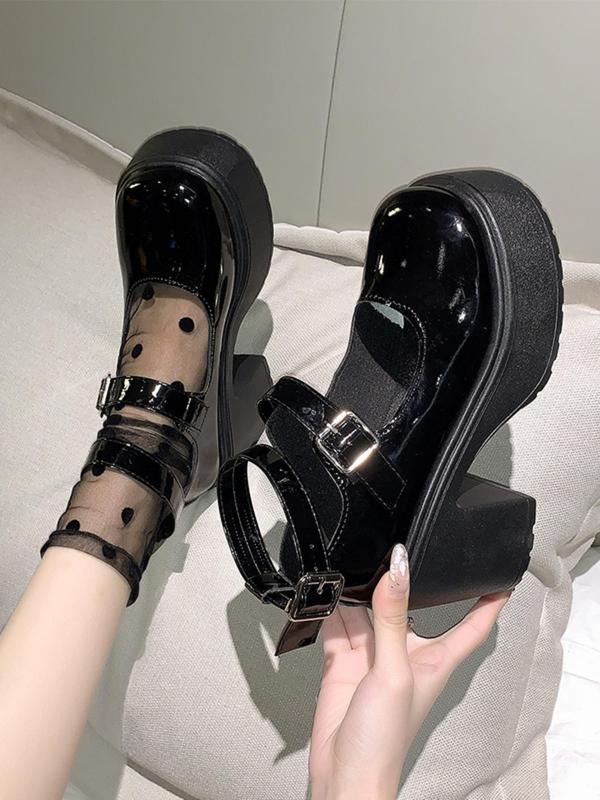 Women's Solid Color Round Toe Platform Chunky Heel Shoes, Casual Comfortable Buckle Pu Leather Mary Jane Shoes for Daily Wear, Lightweight Breathable Shoes for Daily Wear, Students and Outdoor