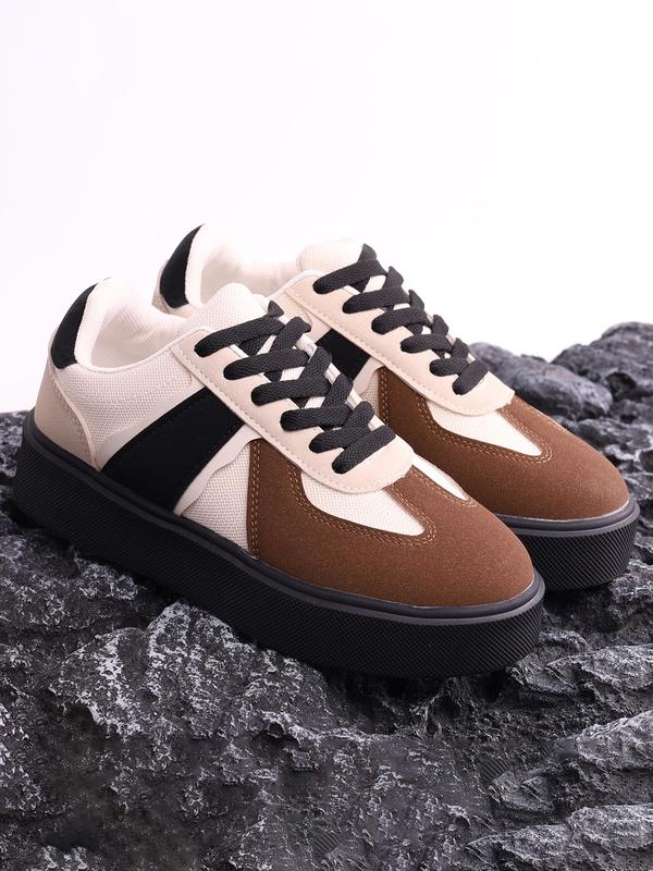  Women's Fashionable Patchwork Lace Up Sneakers, Holiday Gift, Casual Comfortable Sports Walking Shoes, Female All-match Round Toe Shoes for Daily Wear, Fall Sneakers 2024