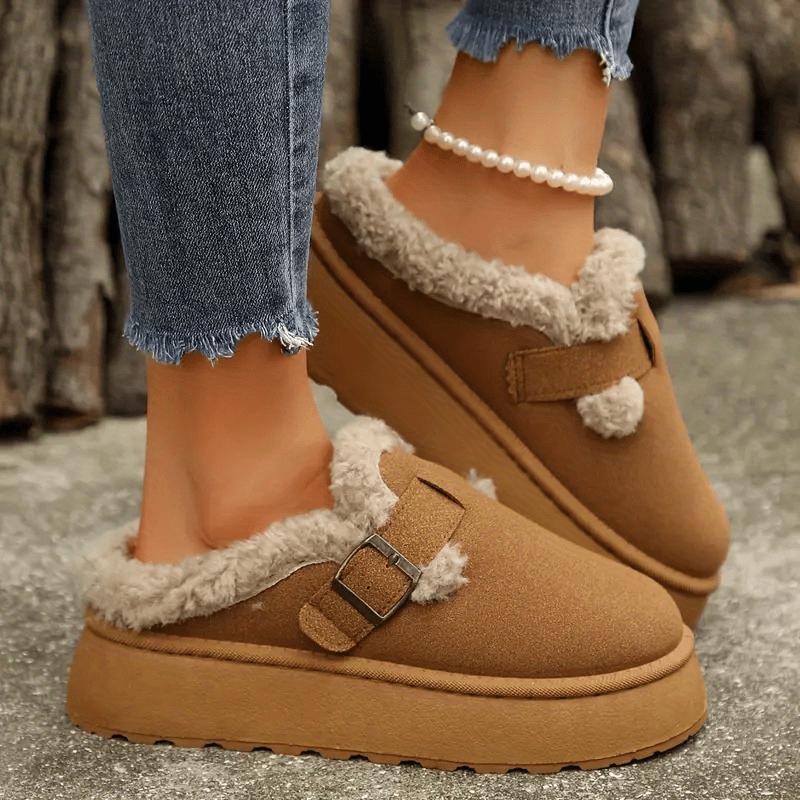 Women's Cozy Plush-Lined Ankle Boots with Buckle Strap - Comfortable Slip-On Non-Slip Rubber Sole Round Toe Mid-Heel Solid Color Fashionable Winter Footwear