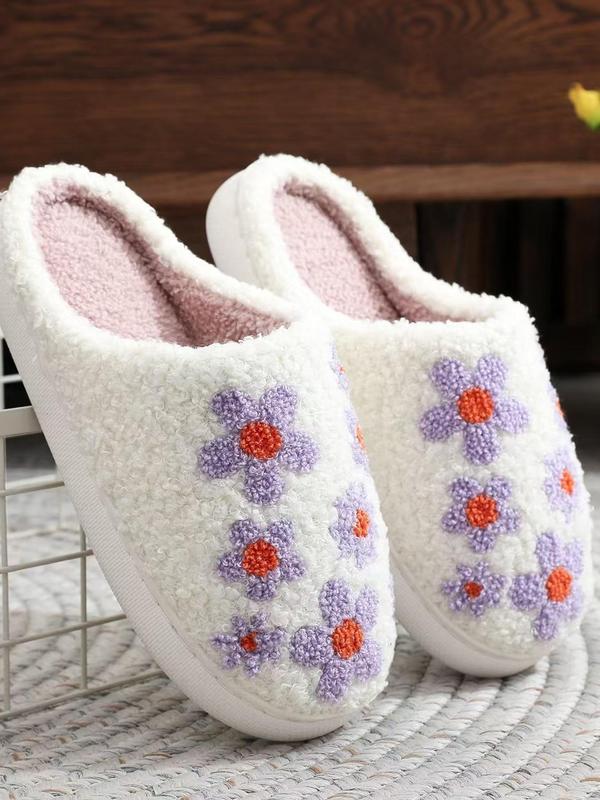 Women's Floral Pattern Plush Slippers, Casual Soft Comfortable Home Slippers, Warm Slippers for Indoor & Outdoor Use for Fall & Winter