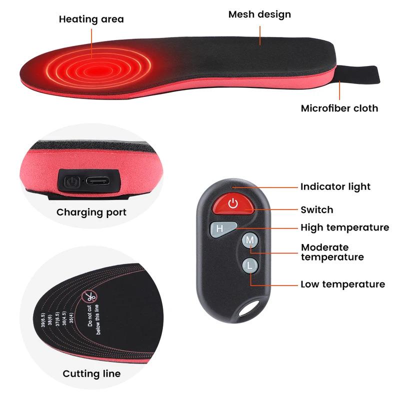 PASTSKY Heated Insoles 2100mAh Electric Foot Warmer Hot Compress Remote Control 3-speed Shoes Pads For Skiing Winter Outdoor