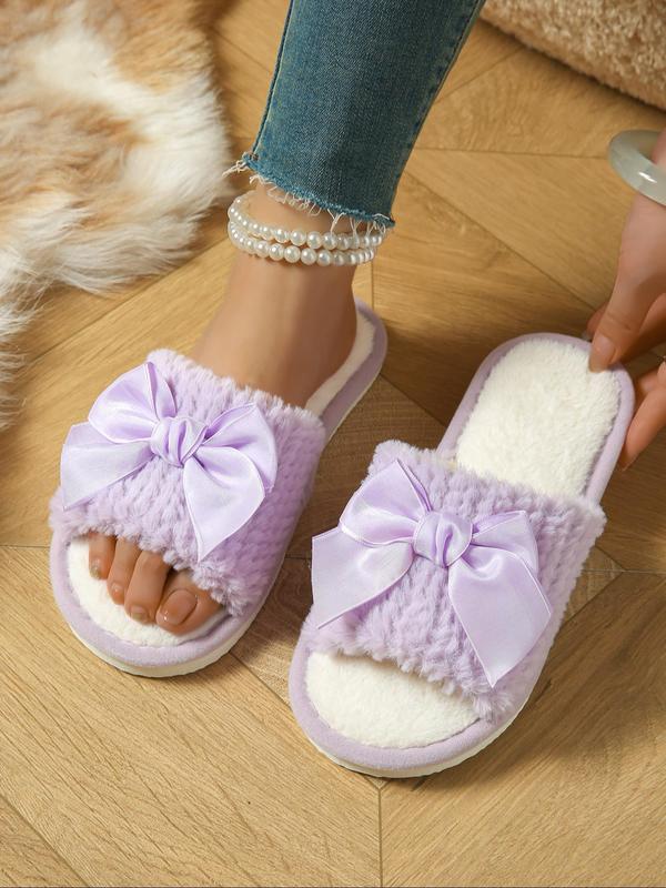 Women's Solid Color Bowknot Design Plush Slippers, Casual Soft Comfortable Home Slippers, Warm Slippers for Indoor & Outdoor Use for Fall & Winter