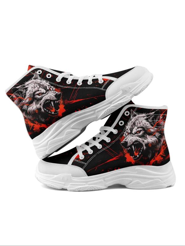 Men's Wolf Print Lace Up Front Colorblock High Top Sneakers, Casual Comfortable Breathable Sports Running Shoes, Male All-match Round Toe Shoes for Daily Wear