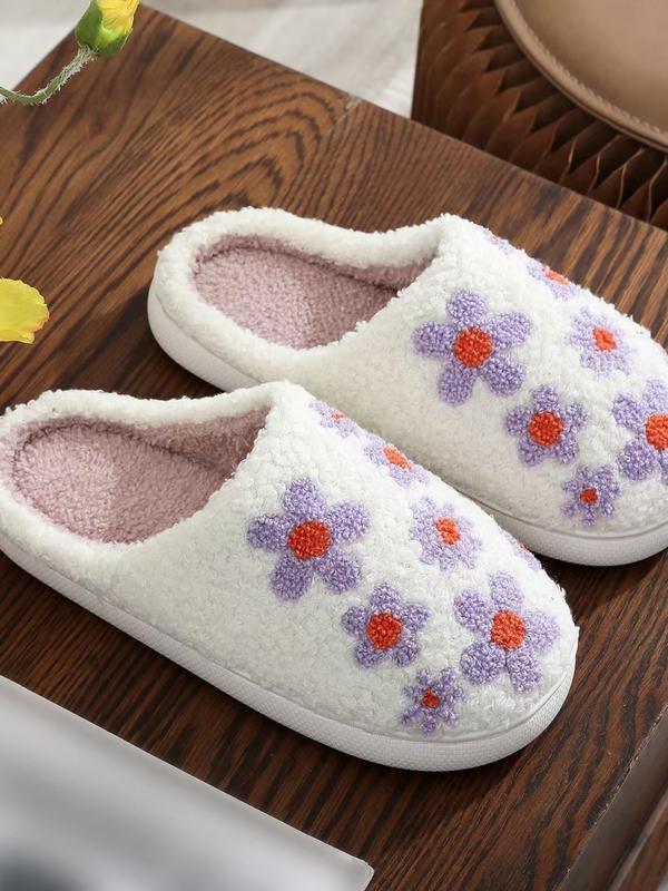 Women's Floral Pattern Plush Slippers, Casual Soft Comfortable Home Slippers, Warm Slippers for Indoor & Outdoor Use for Fall & Winter