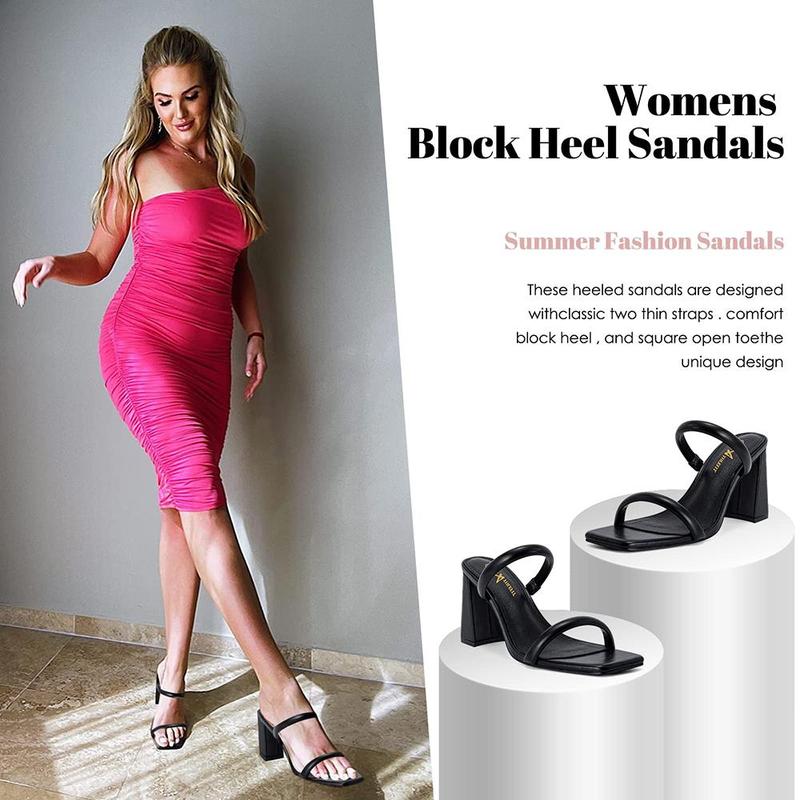 Women's Square Open Toe Two Strap Heeled Sandals Slip On Block Chunky Heels Sandals