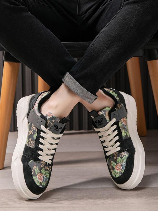 Men's Fashionable Colorblock Floral Pattern Lace Up Low Top Sneakers, Casual Comfortable Sports Shoes for Daily Wear, Trendy All-match Chunky Sneakers for Students