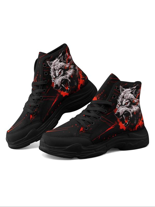 Men's Wolf Print Lace Up Front Colorblock High Top Sneakers, Casual Comfortable Breathable Sports Running Shoes, Male All-match Round Toe Shoes for Daily Wear