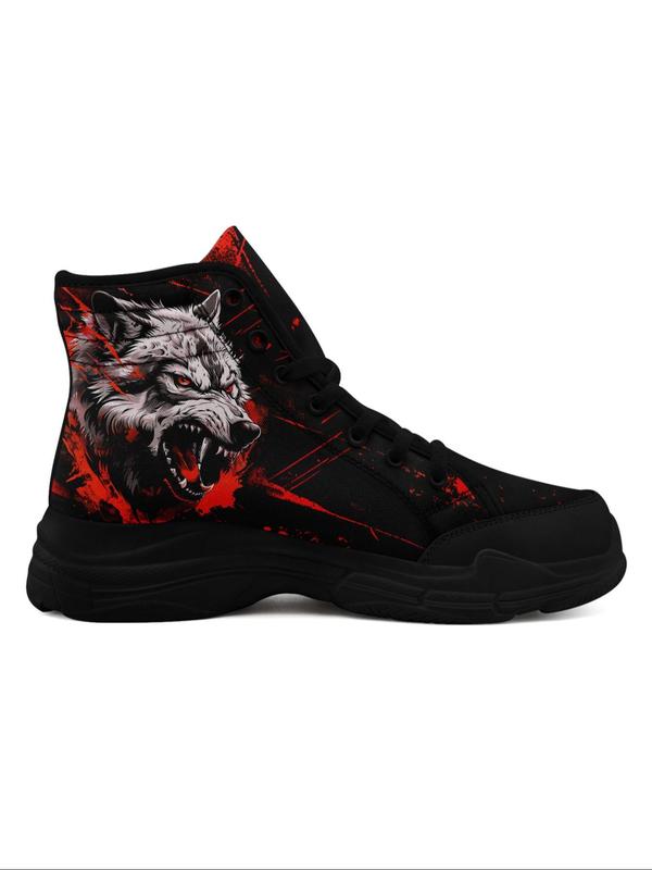 Men's Wolf Print Lace Up Front Colorblock High Top Sneakers, Casual Comfortable Breathable Sports Running Shoes, Male All-match Round Toe Shoes for Daily Wear