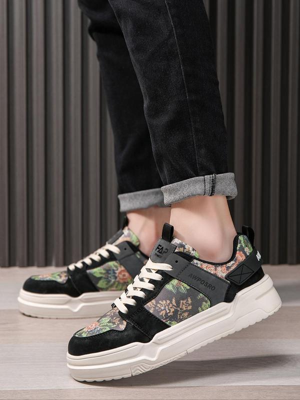 Men's Fashionable Colorblock Floral Pattern Lace Up Low Top Sneakers, Casual Comfortable Sports Shoes for Daily Wear, Trendy All-match Chunky Sneakers for Students