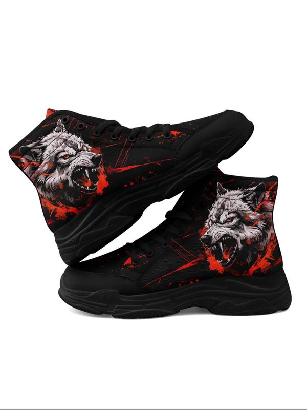 Men's Wolf Print Lace Up Front Colorblock High Top Sneakers, Casual Comfortable Breathable Sports Running Shoes, Male All-match Round Toe Shoes for Daily Wear