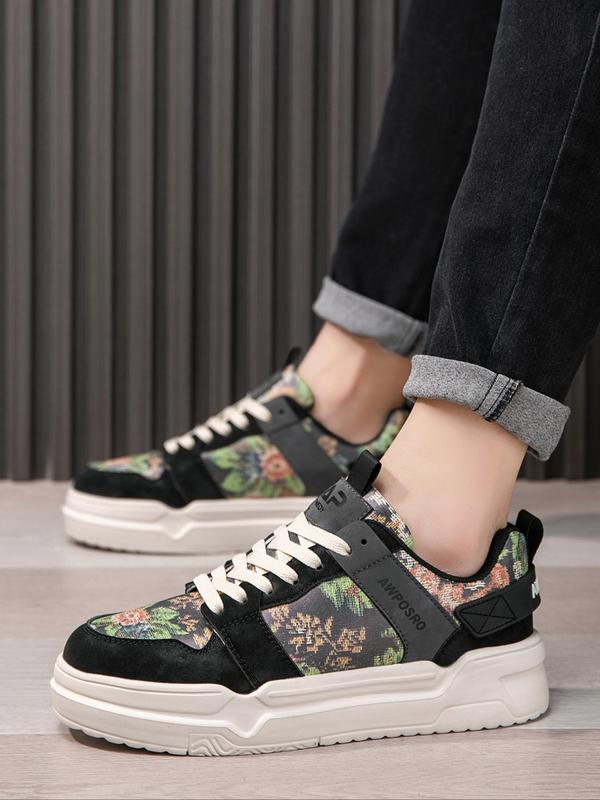 Men's Fashionable Colorblock Floral Pattern Lace Up Low Top Sneakers, Casual Comfortable Sports Shoes for Daily Wear, Trendy All-match Chunky Sneakers for Students