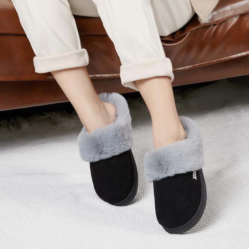 NineCiFun Women's and Men's Suede House Slippers Slip on Fuzzy Slippers with Faux Fur Lining Indoor Outdoor Home Shoes with Rubber Sole