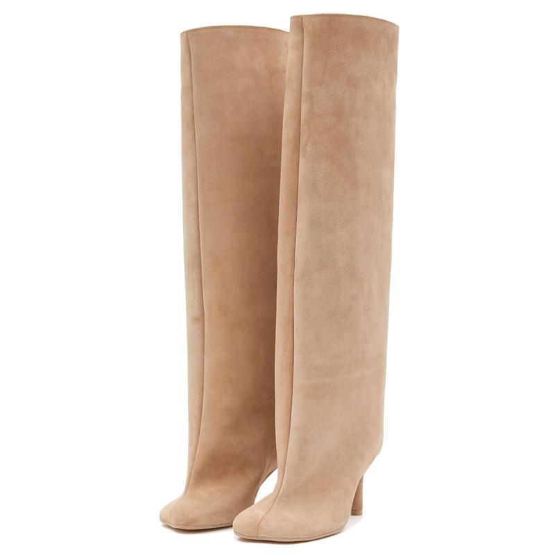 Beige Suede Knee High Boots for Women Slip On Heeled Boots Ladies Square Toe Wide Calf Stiletto High Heel Long Boots Pull On Dress Tall Boots Fall