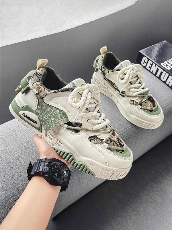 Men's Fashion Colorblock Graphic Lace Up Low Top Sneakers, Casual Breathable Comfortable Sports Running Shoes, Male All-match Round Toe Shoes for Daily Wear