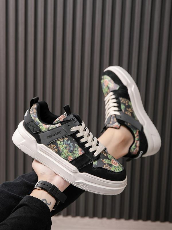 Men's Fashionable Colorblock Floral Pattern Lace Up Low Top Sneakers, Casual Comfortable Sports Shoes for Daily Wear, Trendy All-match Chunky Sneakers for Students