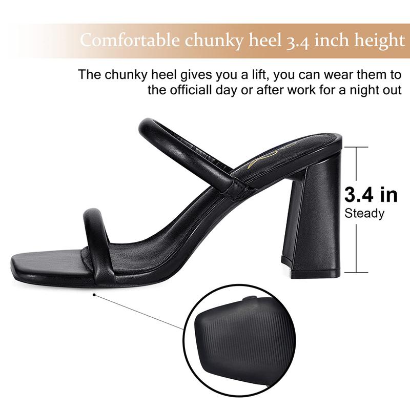 Women's Square Open Toe Two Strap Heeled Sandals Slip On Block Chunky Heels Sandals