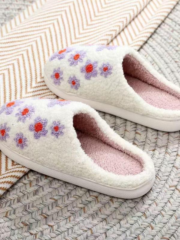 Women's Floral Pattern Plush Slippers, Casual Soft Comfortable Home Slippers, Warm Slippers for Indoor & Outdoor Use for Fall & Winter