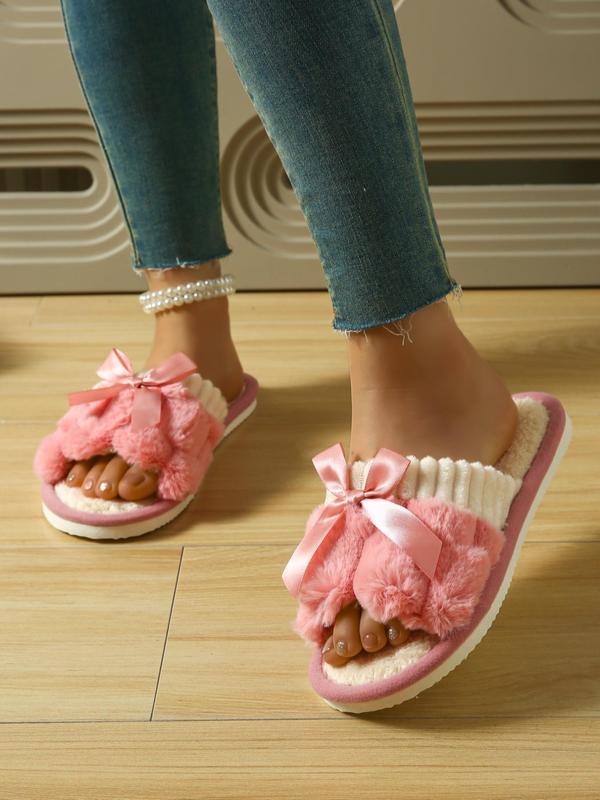 Women's Cute Bowknot Design Plush Slippers, Casual Soft Comfortable Home Slippers, Warm House Slippers for Indoor & Outdoor Use for Fall & Winter