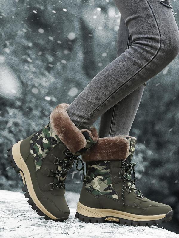 Women's Camo Print Lace Up High Top Snow Boots, Casual Comfortable Warm Non-slip Boots for Winter, Female All-match Trend Shoes for Daily Wear