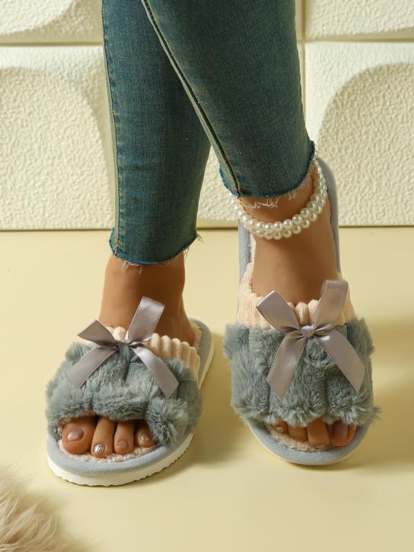 Women's Cute Bowknot Design Plush Slippers, Casual Soft Comfortable Home Slippers, Warm House Slippers for Indoor & Outdoor Use for Fall & Winter