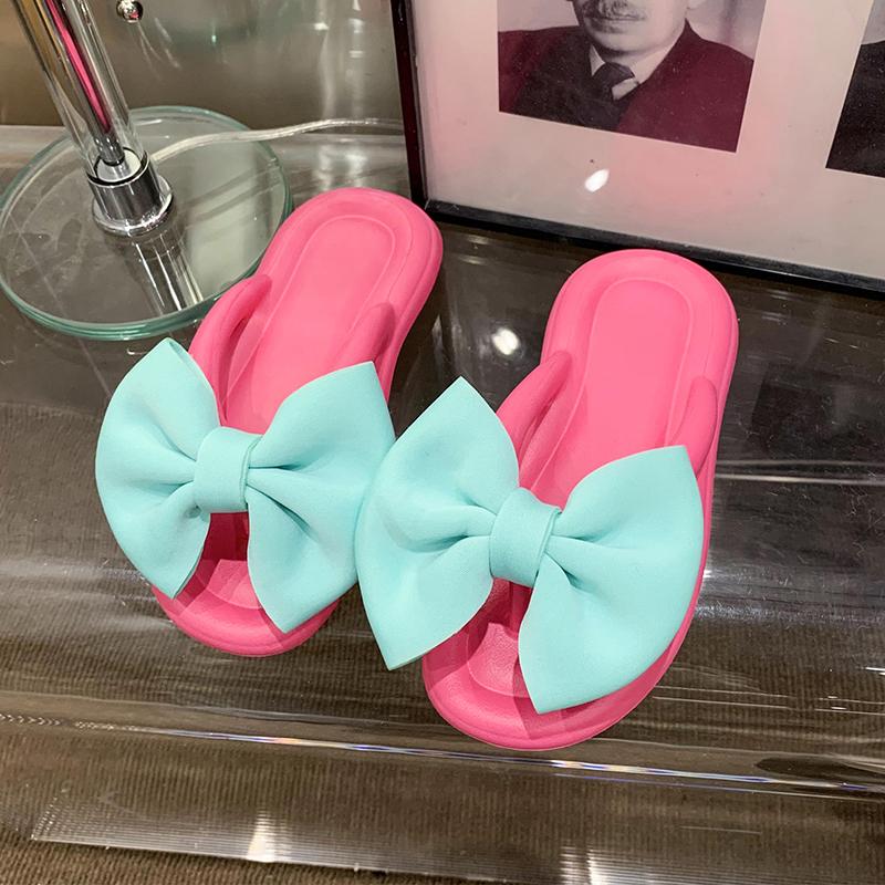 Women's Summer Flip Flops With Bowknot , Colorful Soft Sole Thong Sandals For Travel & Vacation, Comfortable EVA Beach Slides Footwear Shoe Girl Walking Shoes