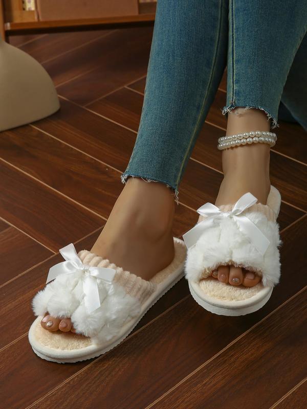 Women's Cute Bowknot Design Plush Slippers, Casual Soft Comfortable Home Slippers, Warm House Slippers for Indoor & Outdoor Use for Fall & Winter