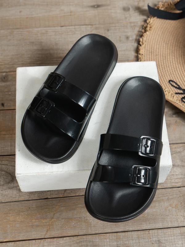 Women's Fashionable Solid Color Double Buckle Slides, Casual Comfortable Flat Sandals for Beach Outdoor, Non-slip Slides for Indoor & Outdoor Wear