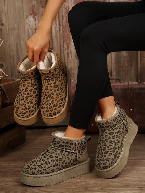 Women's Fashion Leopard Print Plush Lining Ankle Boots, Casual Comfortable Fashionable Snow Boots for Fall & Winter, Fluffy Winter Shoes for Women