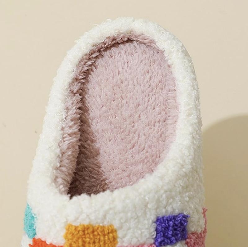 Multicolored Plaid Pattern Warm Padded Cotton Slippers Footwear Walking Shoes Women Girl