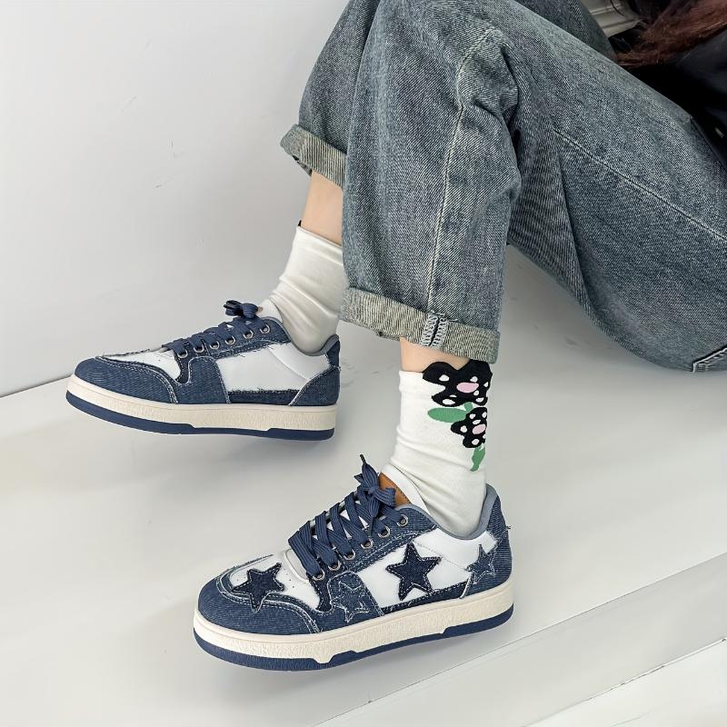 Women's Star Graphic Lace-Up Skate Shoes with Thick Sole Patchwork, Non-Slip Casual Sneakers