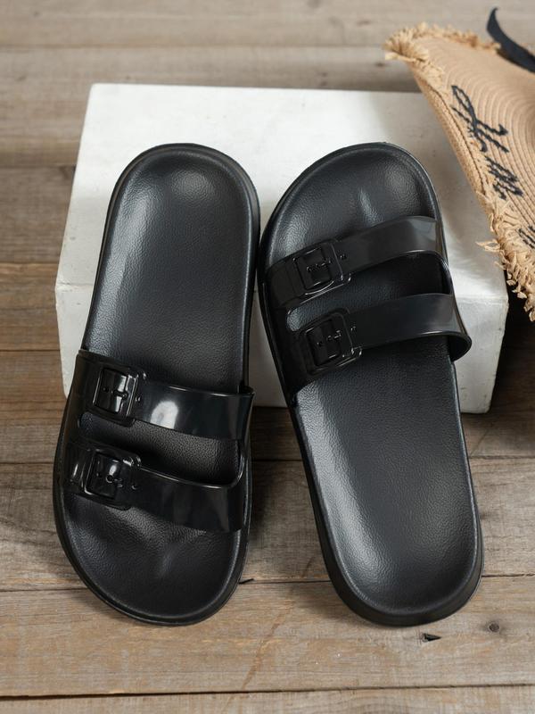 Women's Fashionable Solid Color Double Buckle Slides, Casual Comfortable Flat Sandals for Beach Outdoor, Non-slip Slides for Indoor & Outdoor Wear