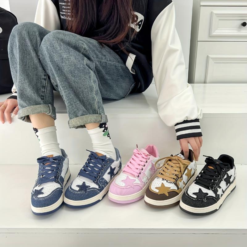 Women's Star Graphic Lace-Up Skate Shoes with Thick Sole Patchwork, Non-Slip Casual Sneakers