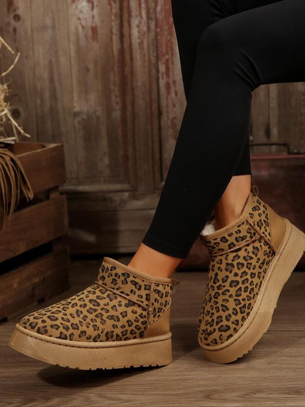 Women's Fashion Leopard Print Plush Lining Ankle Boots, Casual Comfortable Fashionable Snow Boots for Fall & Winter, Fluffy Winter Shoes for Women