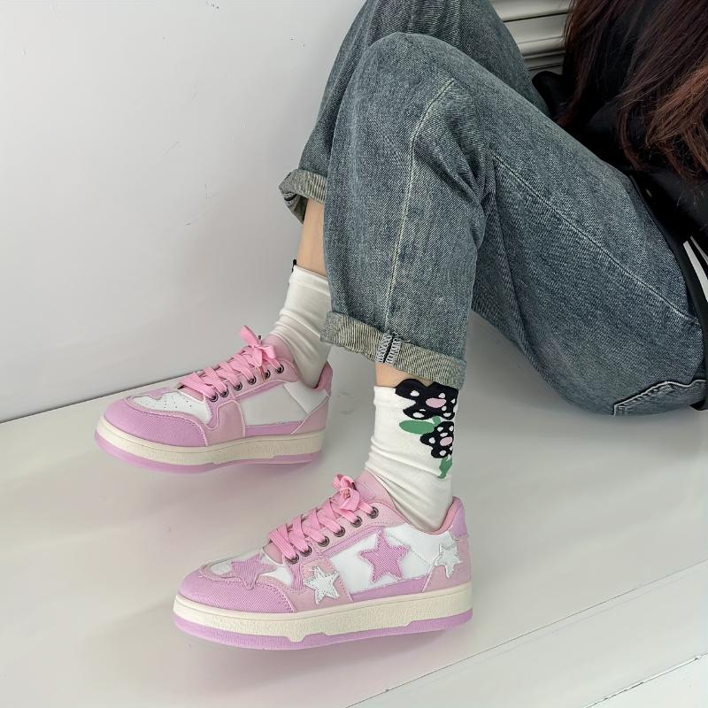 Women's Star Graphic Lace-Up Skate Shoes with Thick Sole Patchwork, Non-Slip Casual Sneakers