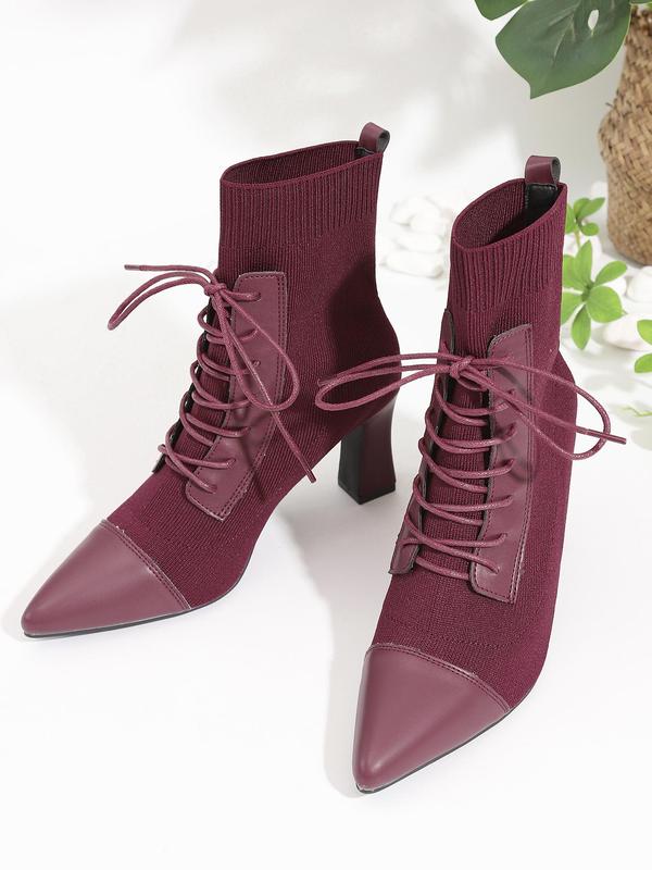 Women's Fashionable Patchwork Design Lace Up Sock Boots, Elegant Pointed Toe High Heel Boots for Party, Daily Clothing Decor for Women & Girls