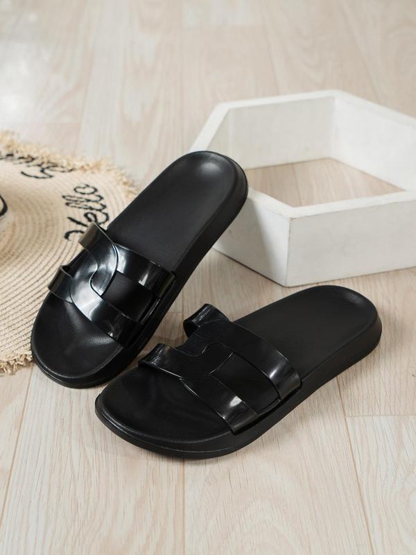 Women's Fashionable Solid Color Double Buckle Slides, Casual Comfortable Flat Sandals for Beach Outdoor, Non-slip Slides for Indoor & Outdoor Wear