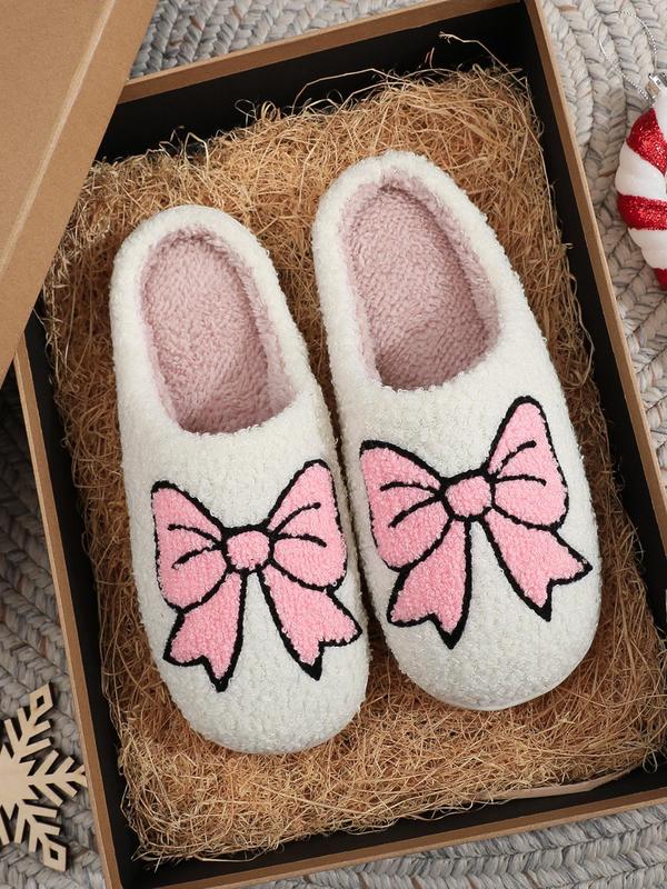 Women's Cute Cartoon Bowknot Pattern Slippers, Casual Soft Comfortable Home Slippers, Warm Slippers for Indoor & Outdoor Use for Fall & Winter