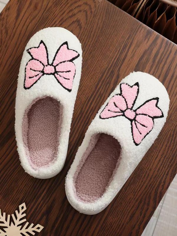 Women's Cute Cartoon Bowknot Pattern Slippers, Casual Soft Comfortable Home Slippers, Warm Slippers for Indoor & Outdoor Use for Fall & Winter