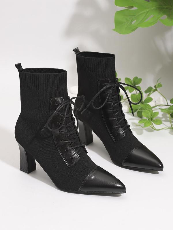 Women's Fashionable Patchwork Design Lace Up Sock Boots, Elegant Pointed Toe High Heel Boots for Party, Daily Clothing Decor for Women & Girls