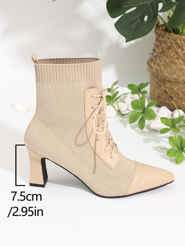 Women's Fashionable Patchwork Design Lace Up Sock Boots, Elegant Pointed Toe High Heel Boots for Party, Daily Clothing Decor for Women & Girls