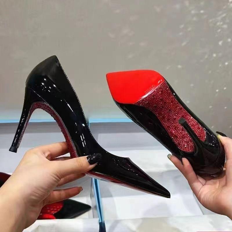 Super Hot Rhinestone Red High Heel Shoes New Stiletto Very Pointed Patent Leather plus Size 35-43 Women's Shoes