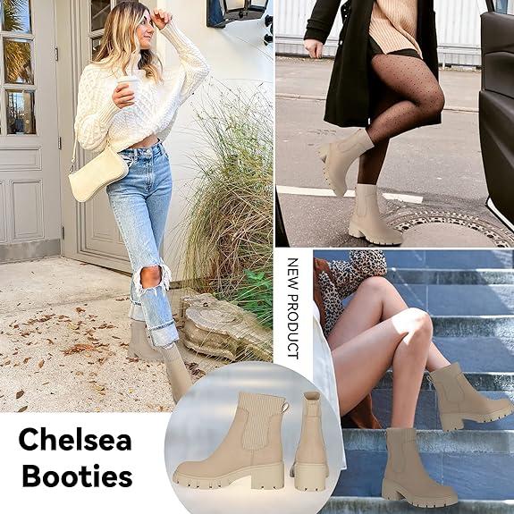 Women's Chelsea Platform Ankle Boots Elastic Chunky Heel Lug Sole Booties