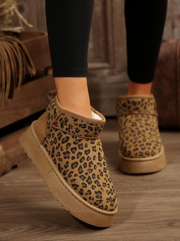 Women's Fashion Leopard Print Plush Lining Ankle Boots, Casual Comfortable Fashionable Snow Boots for Fall & Winter, Fluffy Winter Shoes for Women