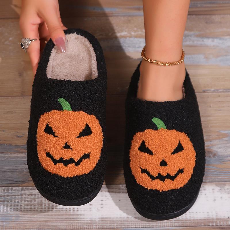 Slippers for Women Comfy Faux Fur Lined Skull Pumpkin Plush Slippers Antislip House Shoes Plush Bedroom Flat Slides Walking Shoes Footwear Flipflop