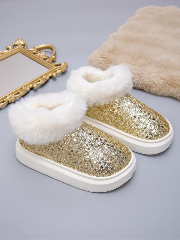 Women's Fashionable Contrast Sequin Design Plush Lining Slippers, Casual Soft Comfortable Home Slippers, Warm Slippers for Indoor & Outdoor Use for Fall & Winter